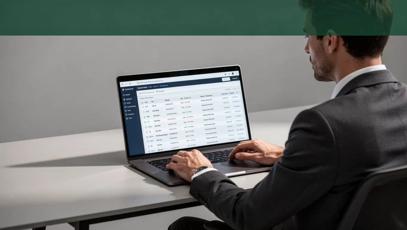 One person works at a desk with a laptop showing database rows.