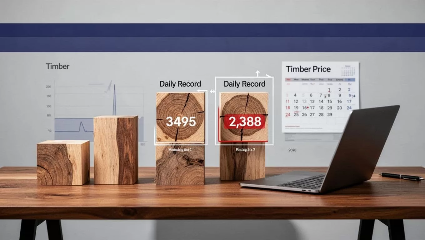 Angled laptop beside timber samples and highlighted rows comparing daily prices.