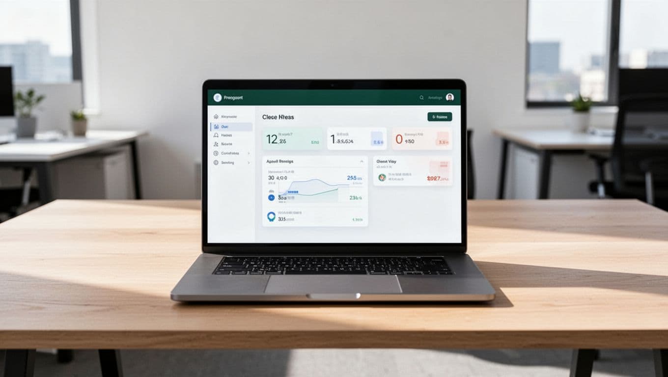 Laptop showing a time setup dashboard on a wooden desk.