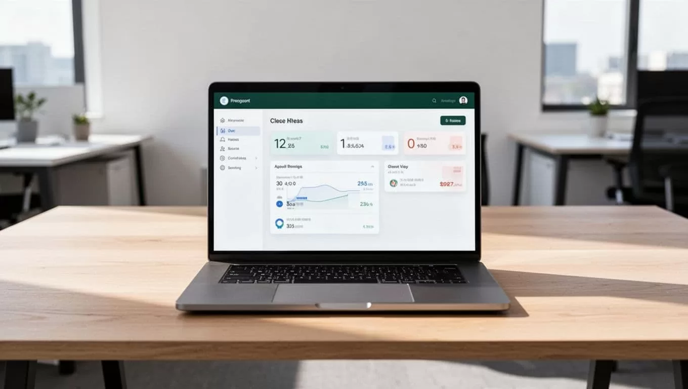 Laptop showing a time setup dashboard on a wooden desk.