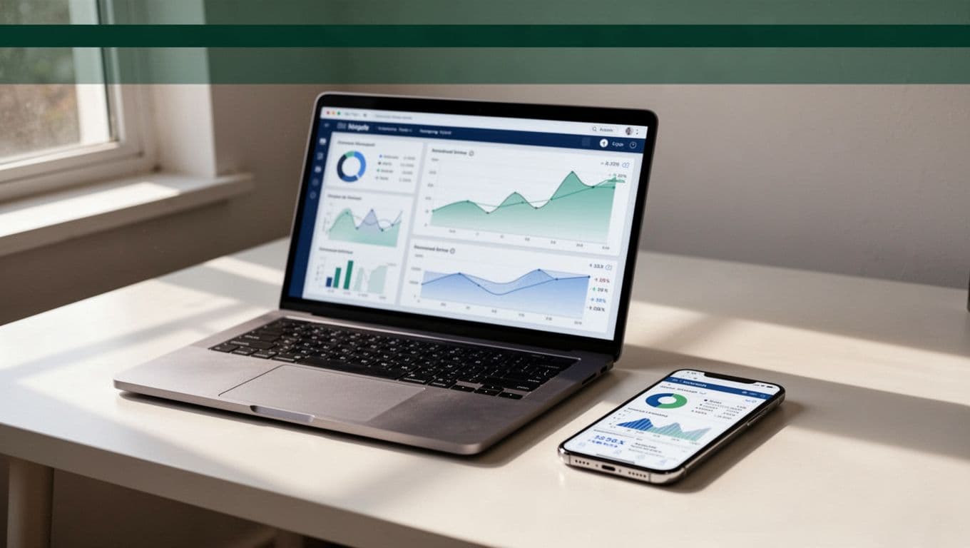 A laptop and smartphone on a clean desk beneath a dark-green Track Transfers banner.