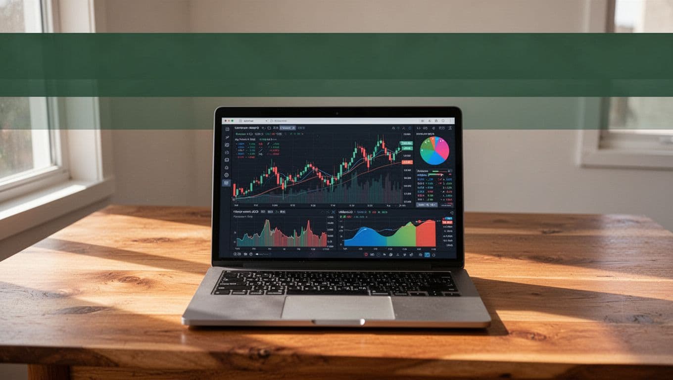 Laptop showing charts beneath a dark-green TRACKING ROI banner.