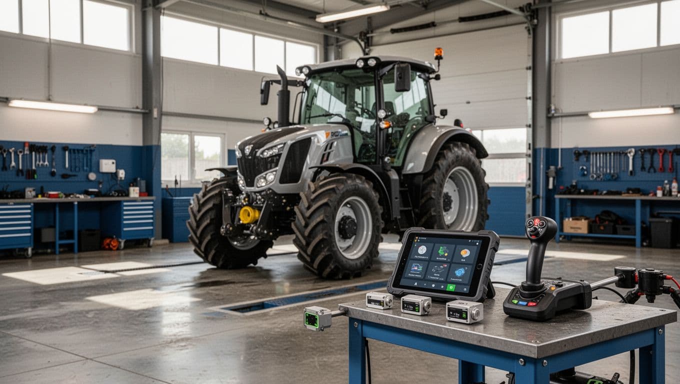 A tractor parked by a service bay with a tablet and manual controls.