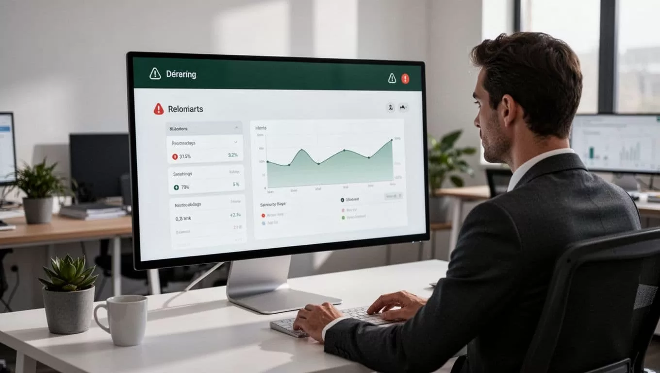 Trademark monitoring dashboard with alert notifications and a person working in the background.