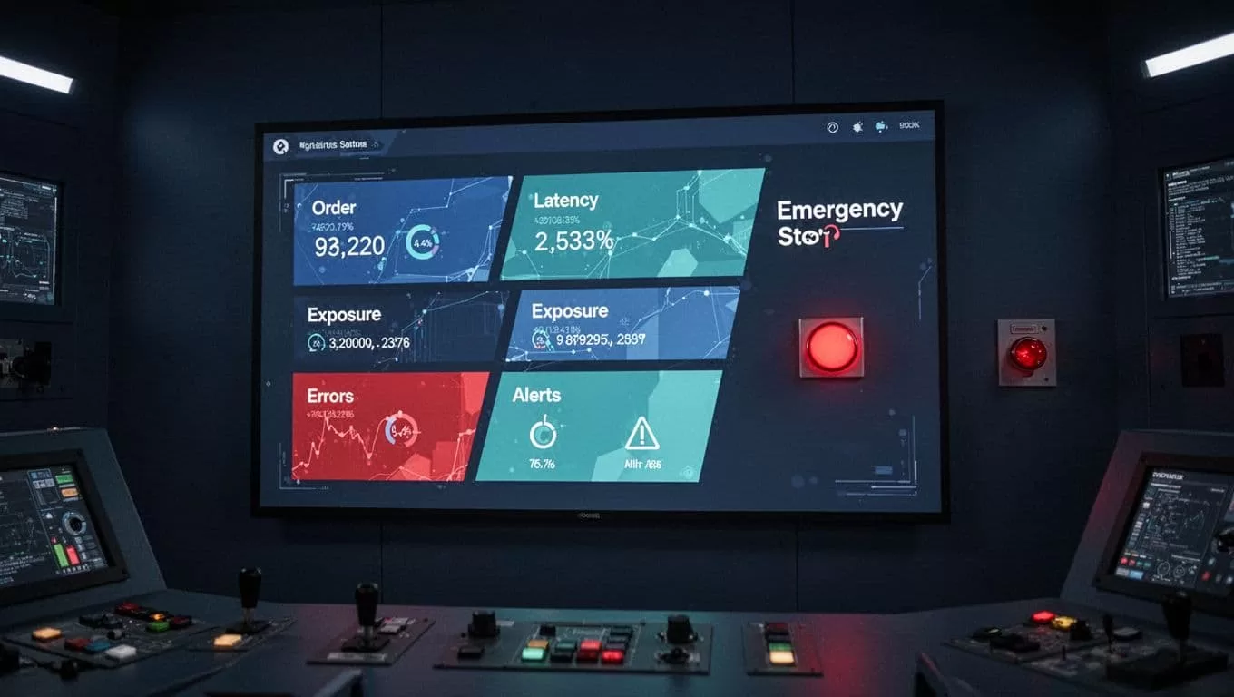 A dark trading monitor shows system panels and a red emergency stop control.