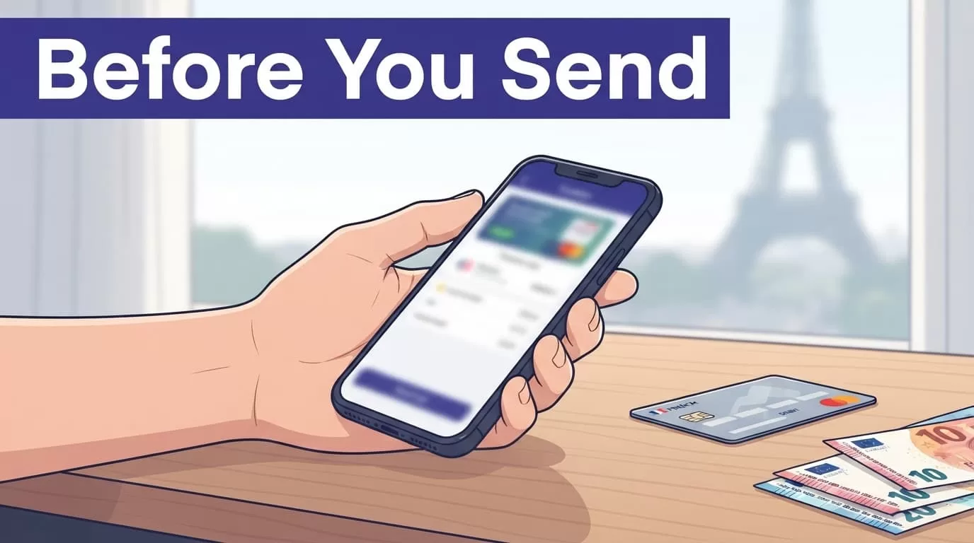 A hand holds a phone beside a French bank card and euro notes.