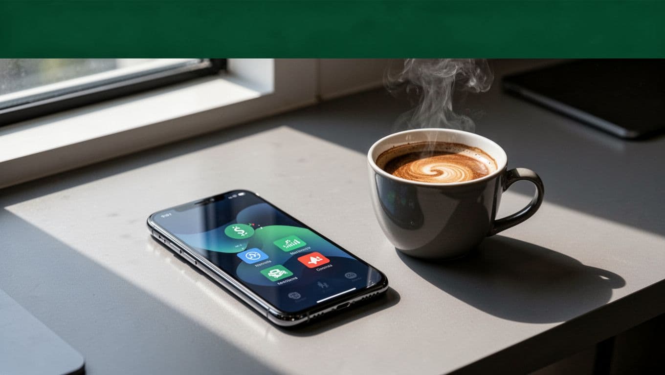A smartphone and coffee cup beneath a dark-green Transfer Funds headline band.
