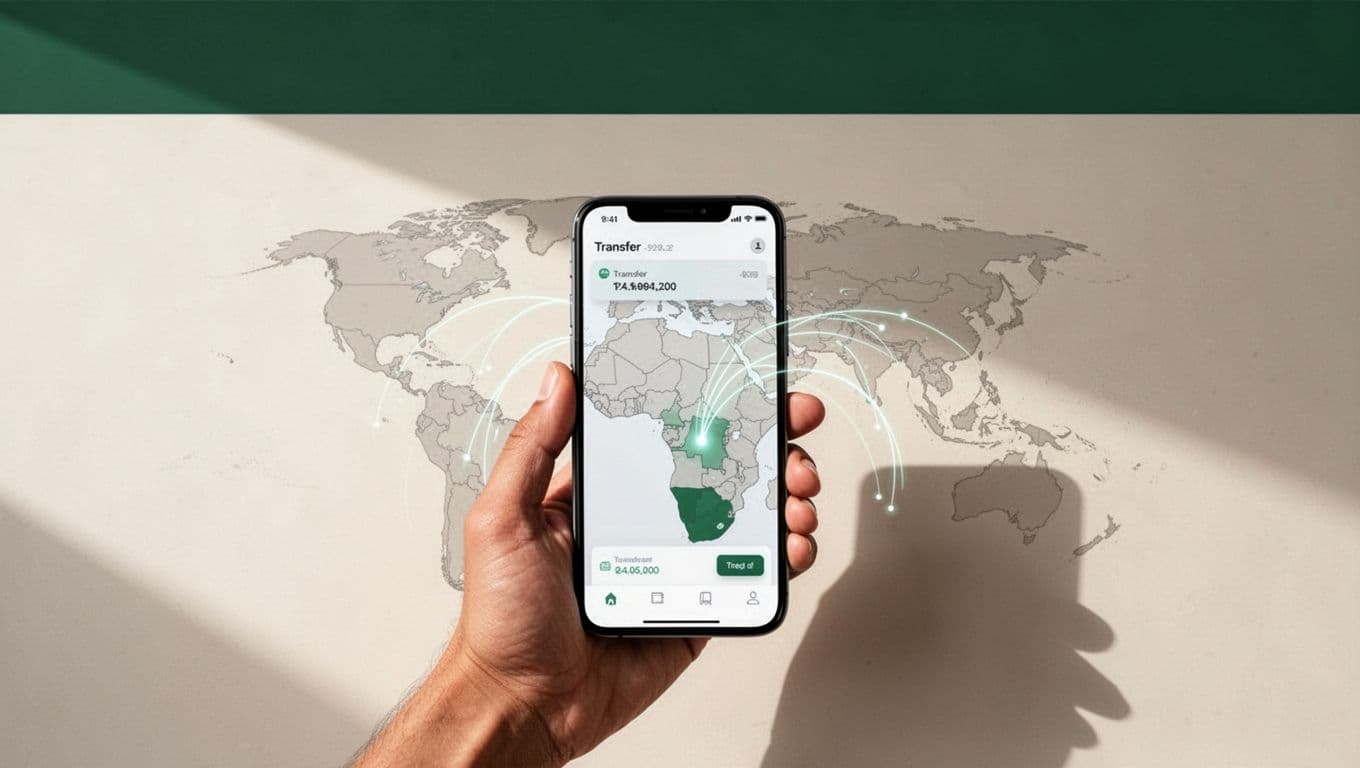 A dark-green header sits above an illustration of digital banking and international money transfer.