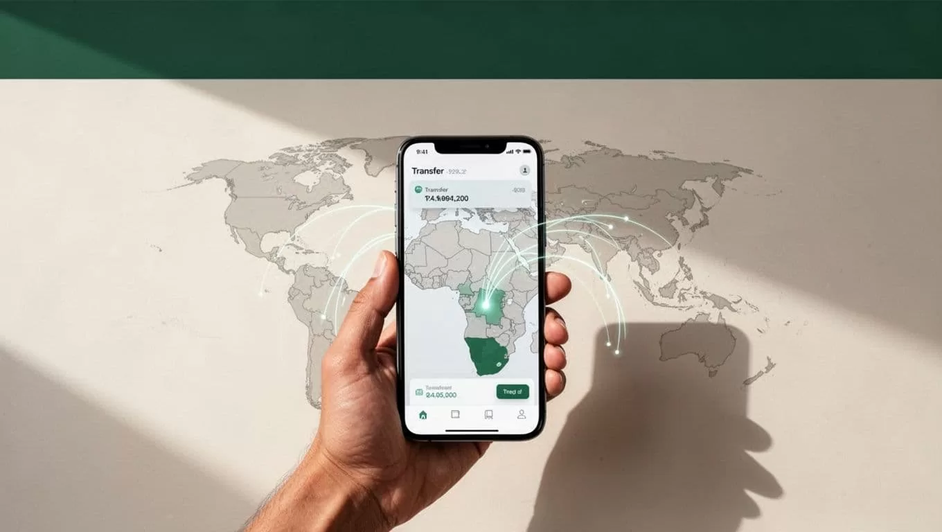 A dark-green header sits above an illustration of digital banking and international money transfer.