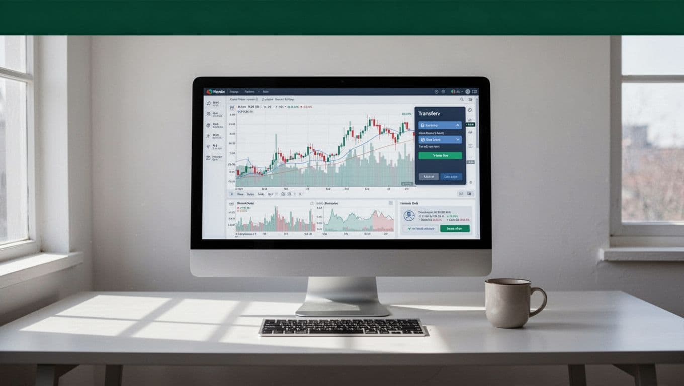 A computer shows financial charts and transfer choices beneath a dark-green headline band.