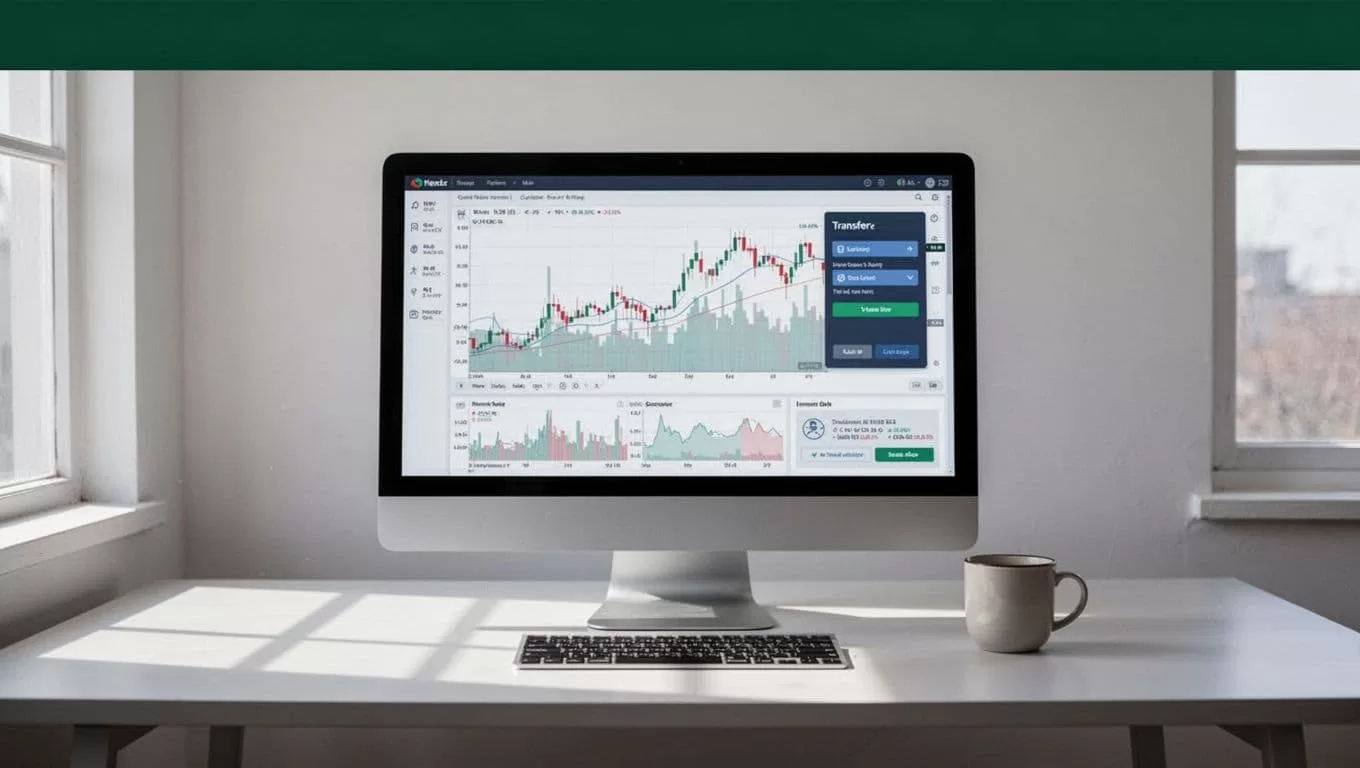 A computer shows financial charts and transfer choices beneath a dark-green headline band.