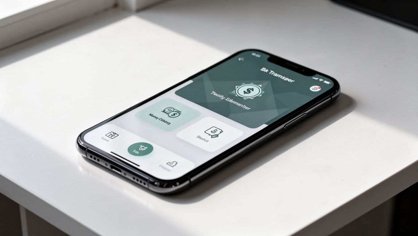 A smartphone showing a money transfer app sits beneath a dark-green Transfer Overview banner.