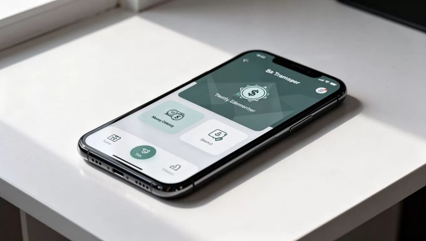 A smartphone showing a money transfer app sits beneath a dark-green Transfer Overview banner.