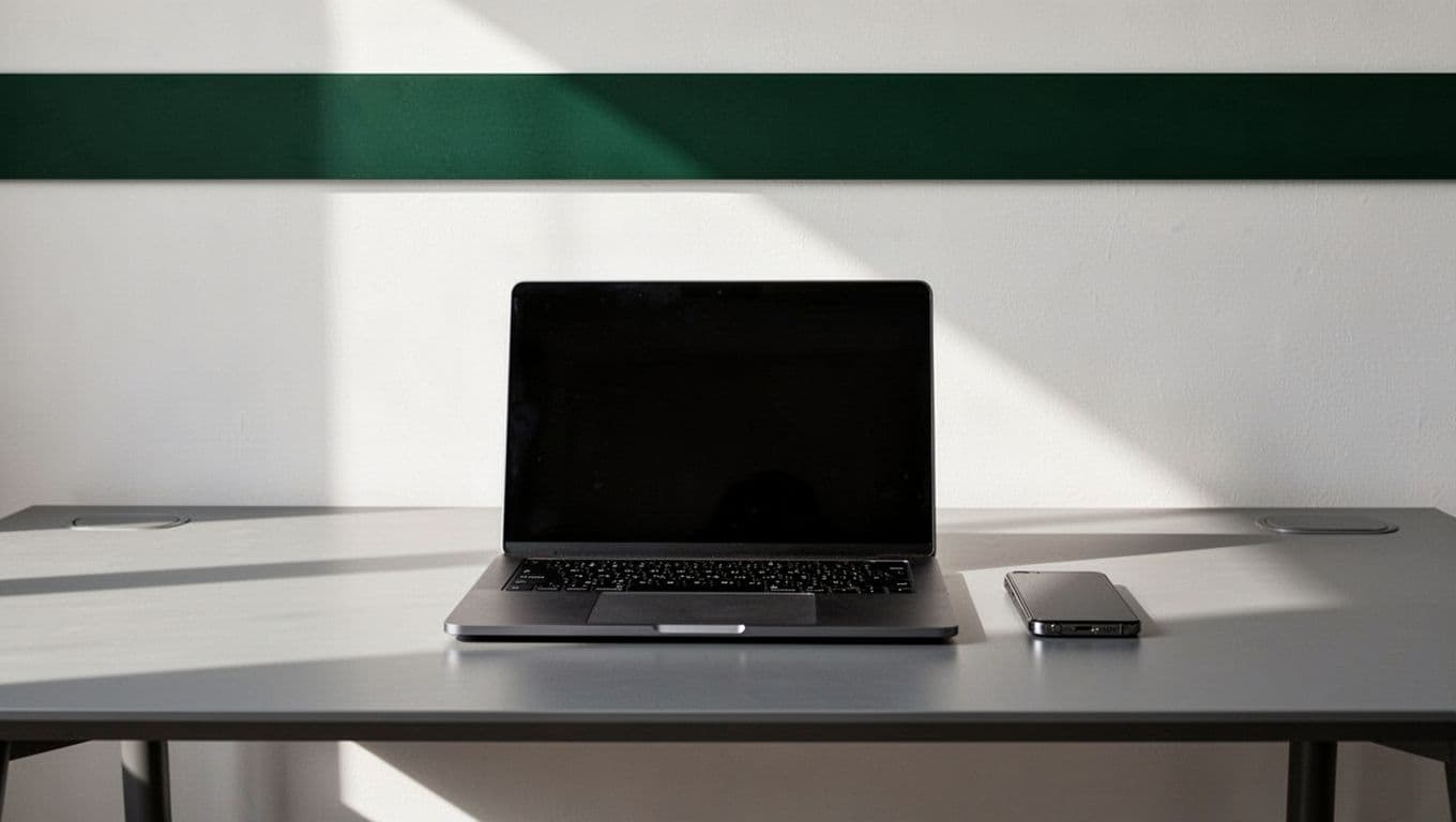 A laptop and smartphone sit on a modern desk beneath a green Transfer Setup banner.