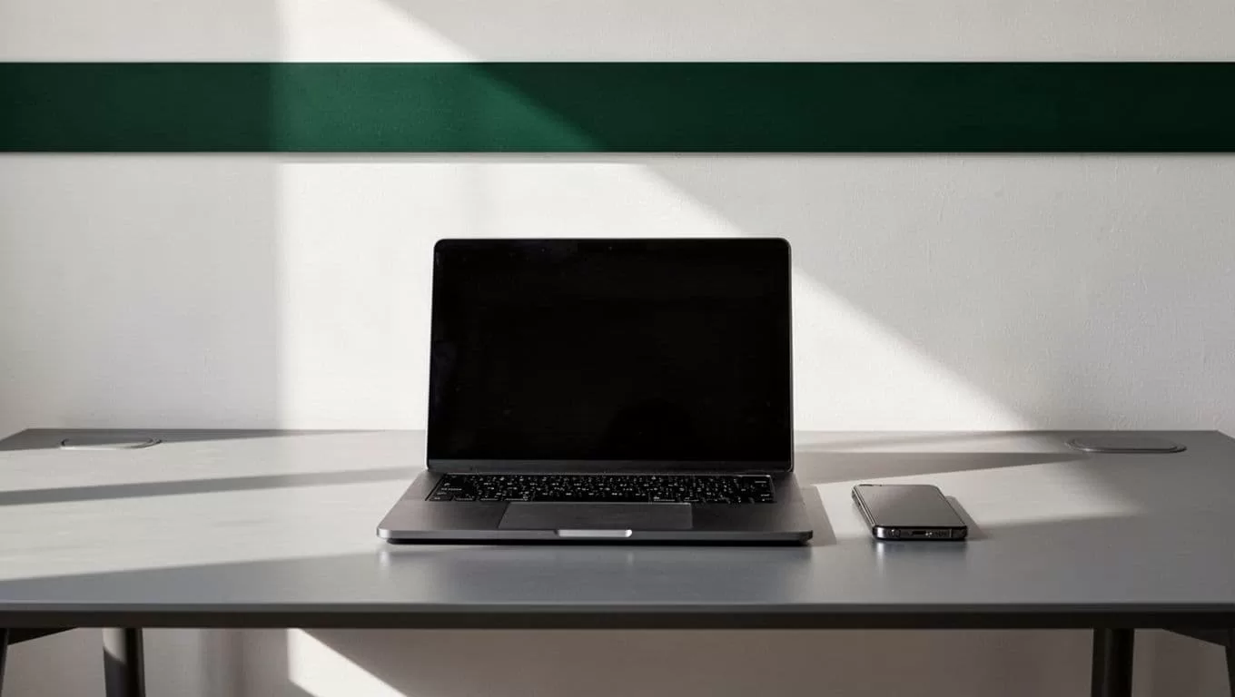 A laptop and smartphone sit on a modern desk beneath a green Transfer Setup banner.