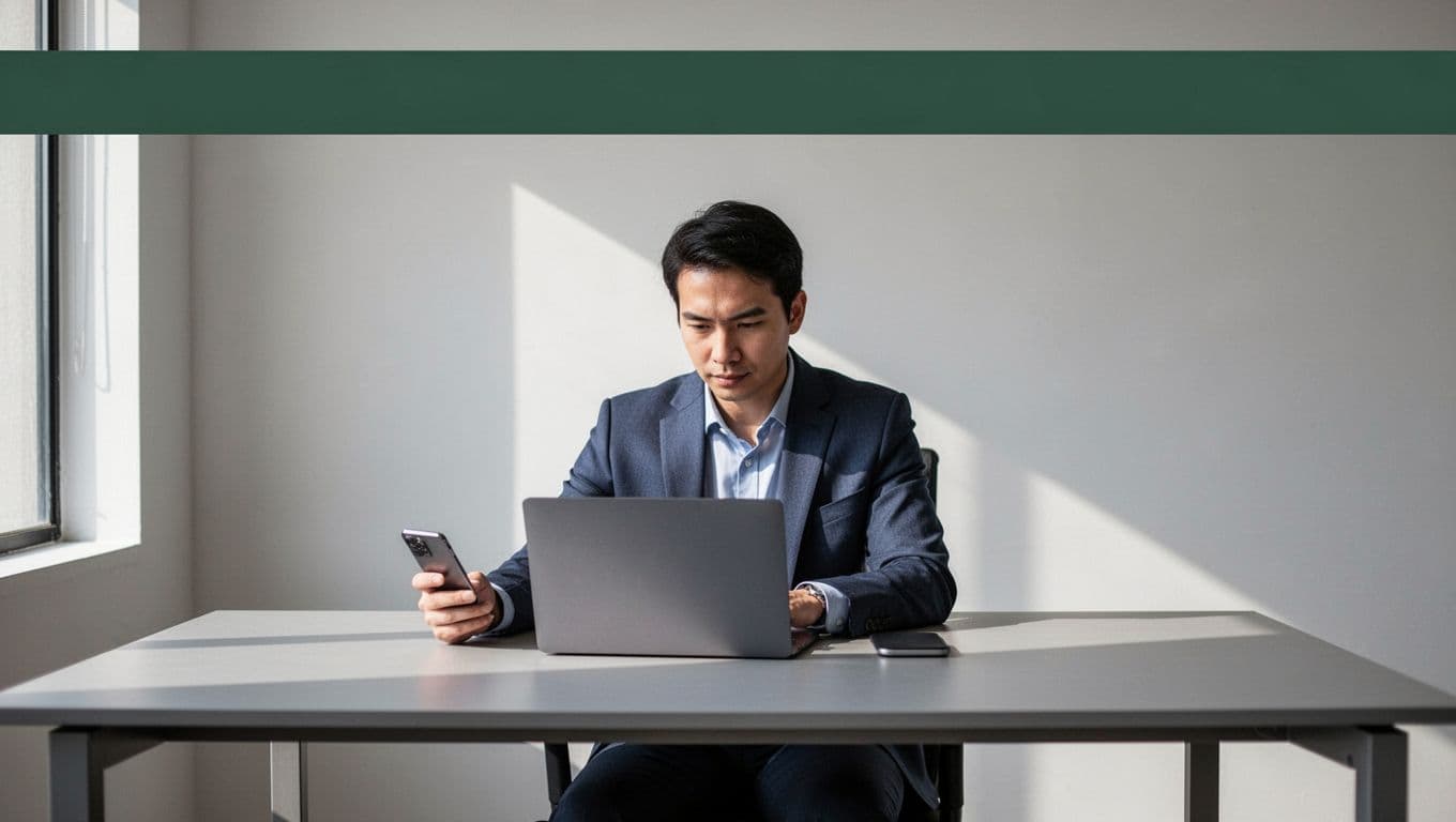 A laptop and smartphone on a desk beneath a dark-green headline band, with one person nearby.