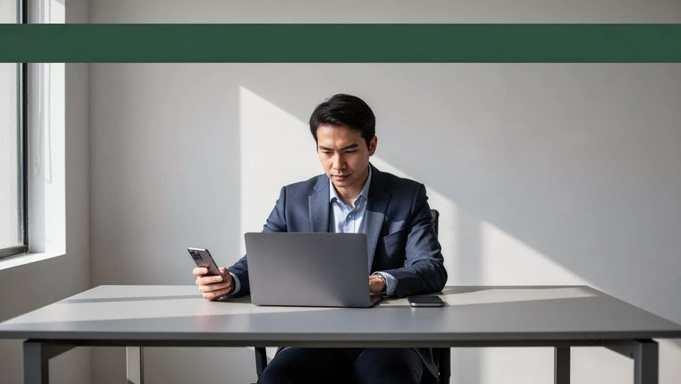 A laptop and smartphone on a desk beneath a dark-green headline band, with one person nearby.