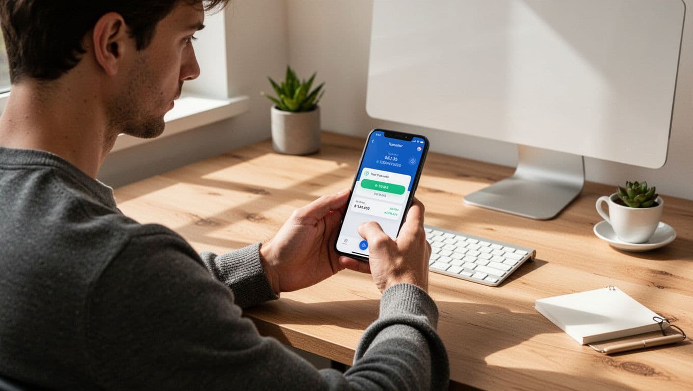 A smartphone showing a transfer app on a wooden desk beneath the words Transfer Steps.