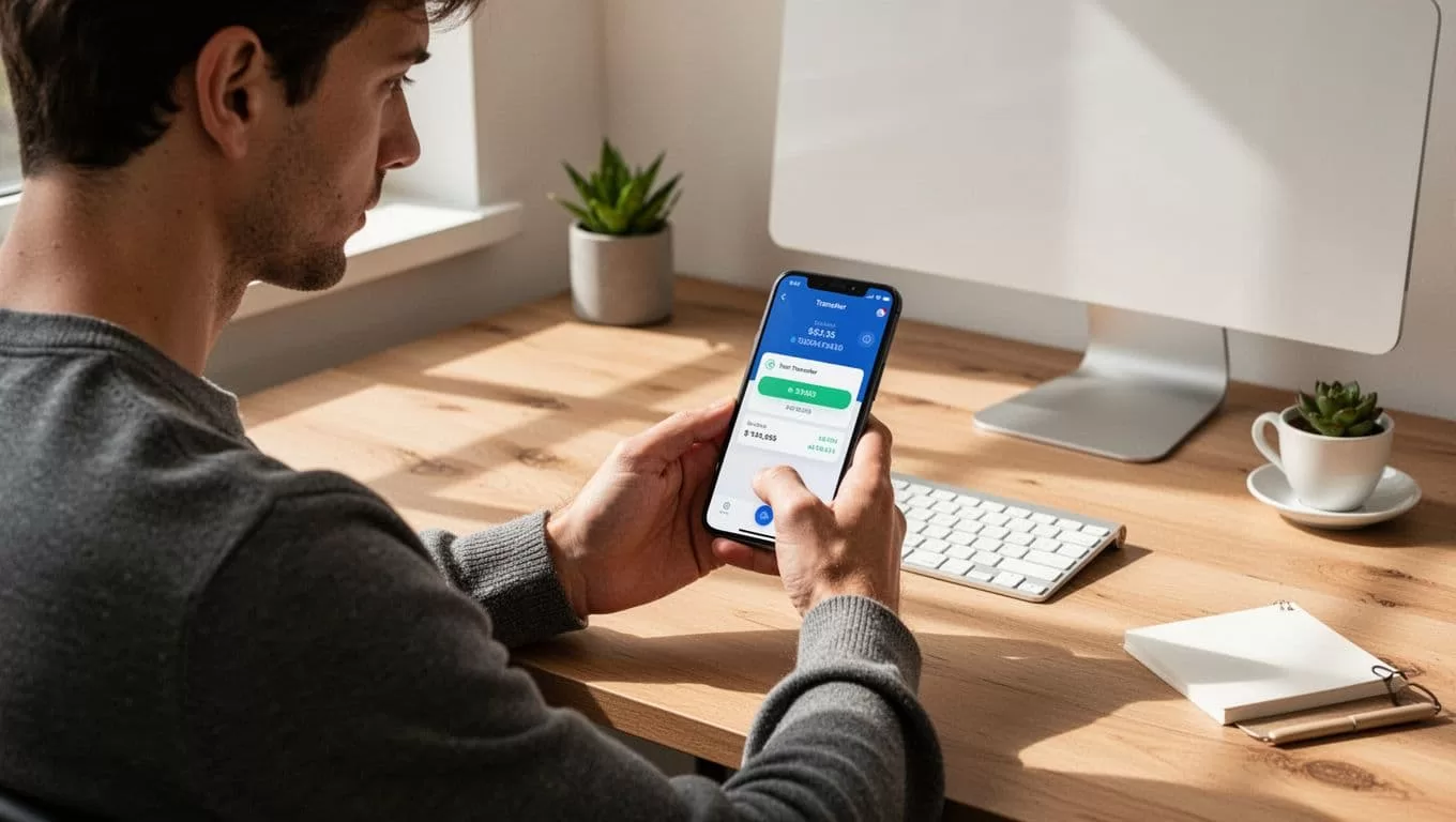 A smartphone showing a transfer app on a wooden desk beneath the words Transfer Steps.