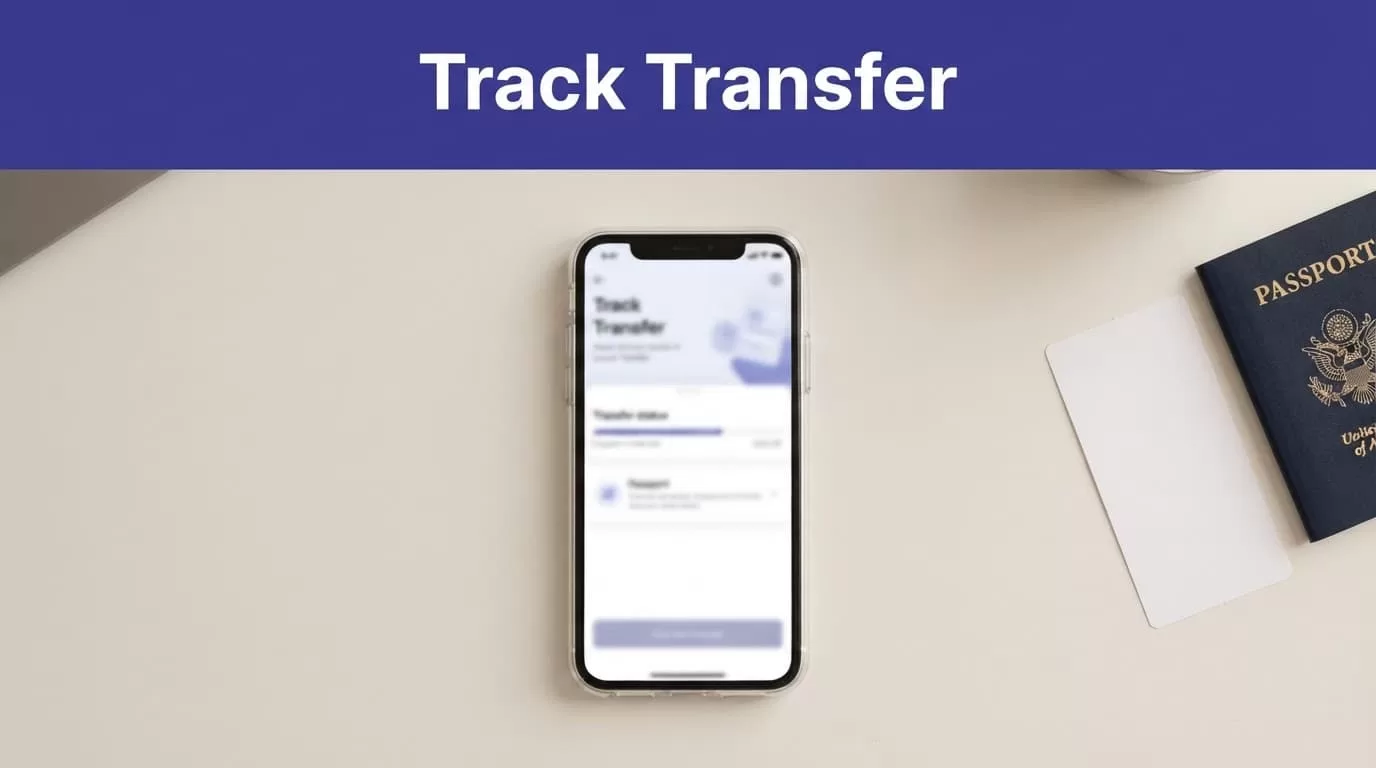 Smartphone with a blurred transfer screen beside a passport and receipt.