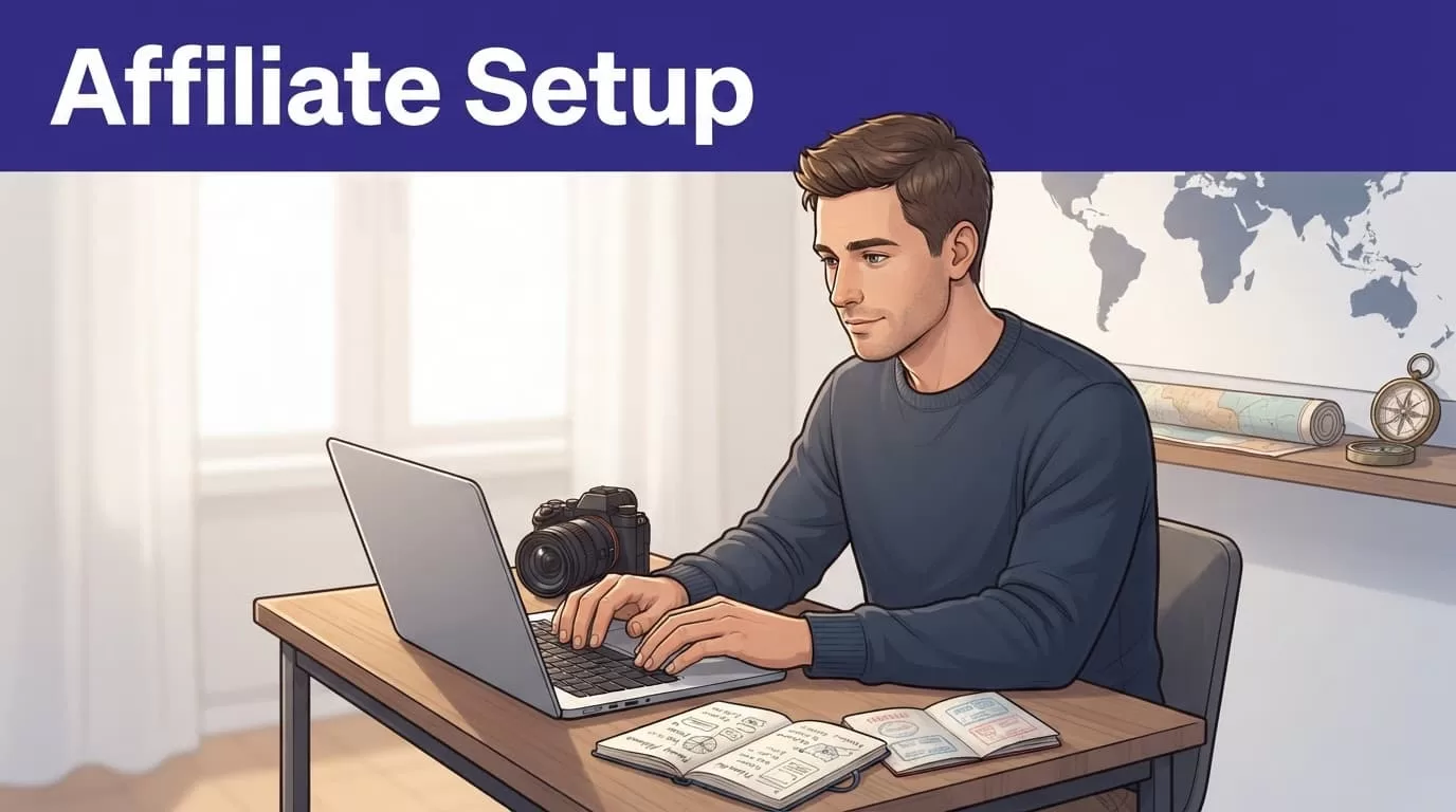 A travel creator reviews plans beside a laptop, camera, and passport under a world map.