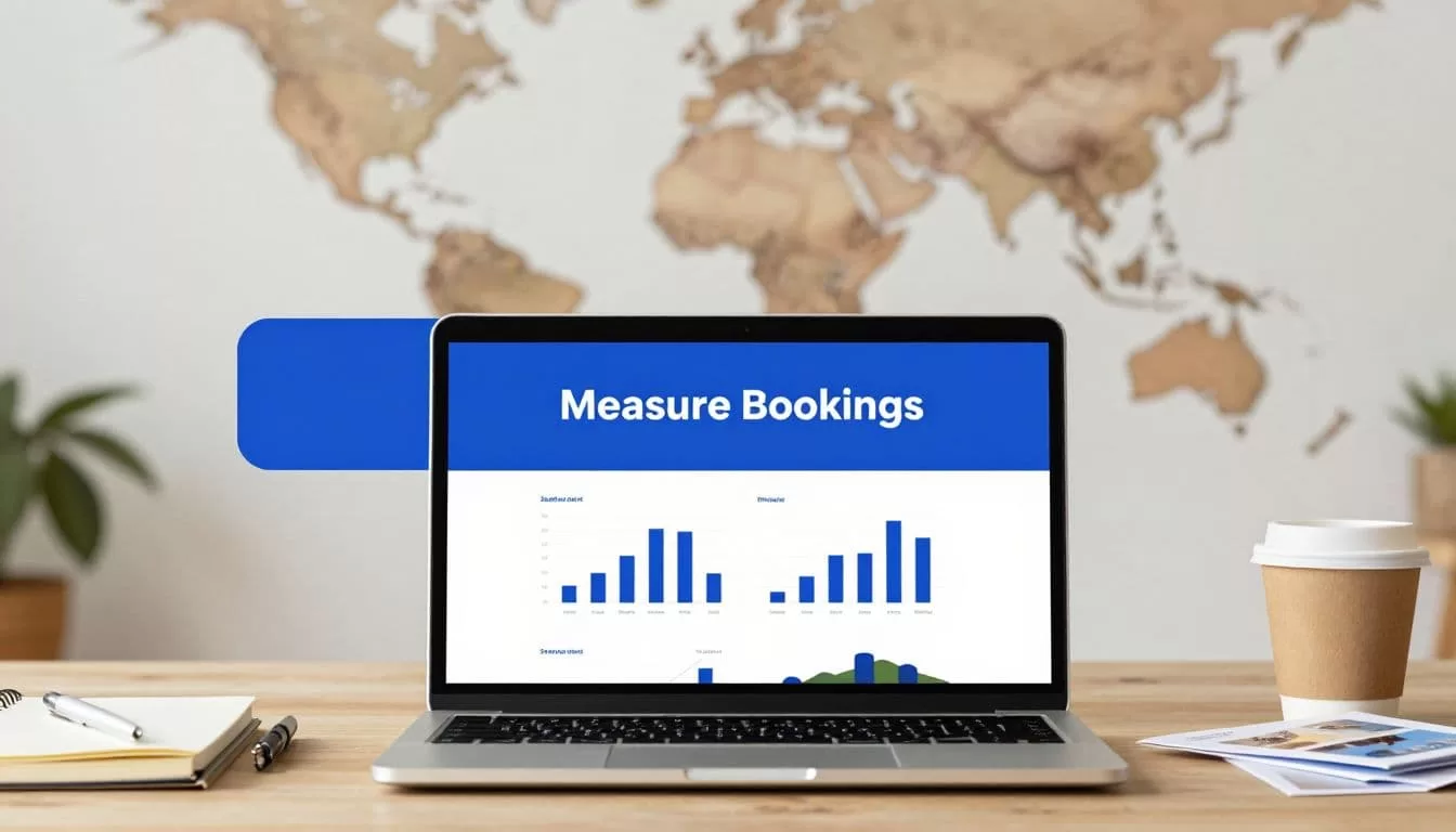 Laptop showing travel performance charts beside a notebook, coffee, and destination cards.