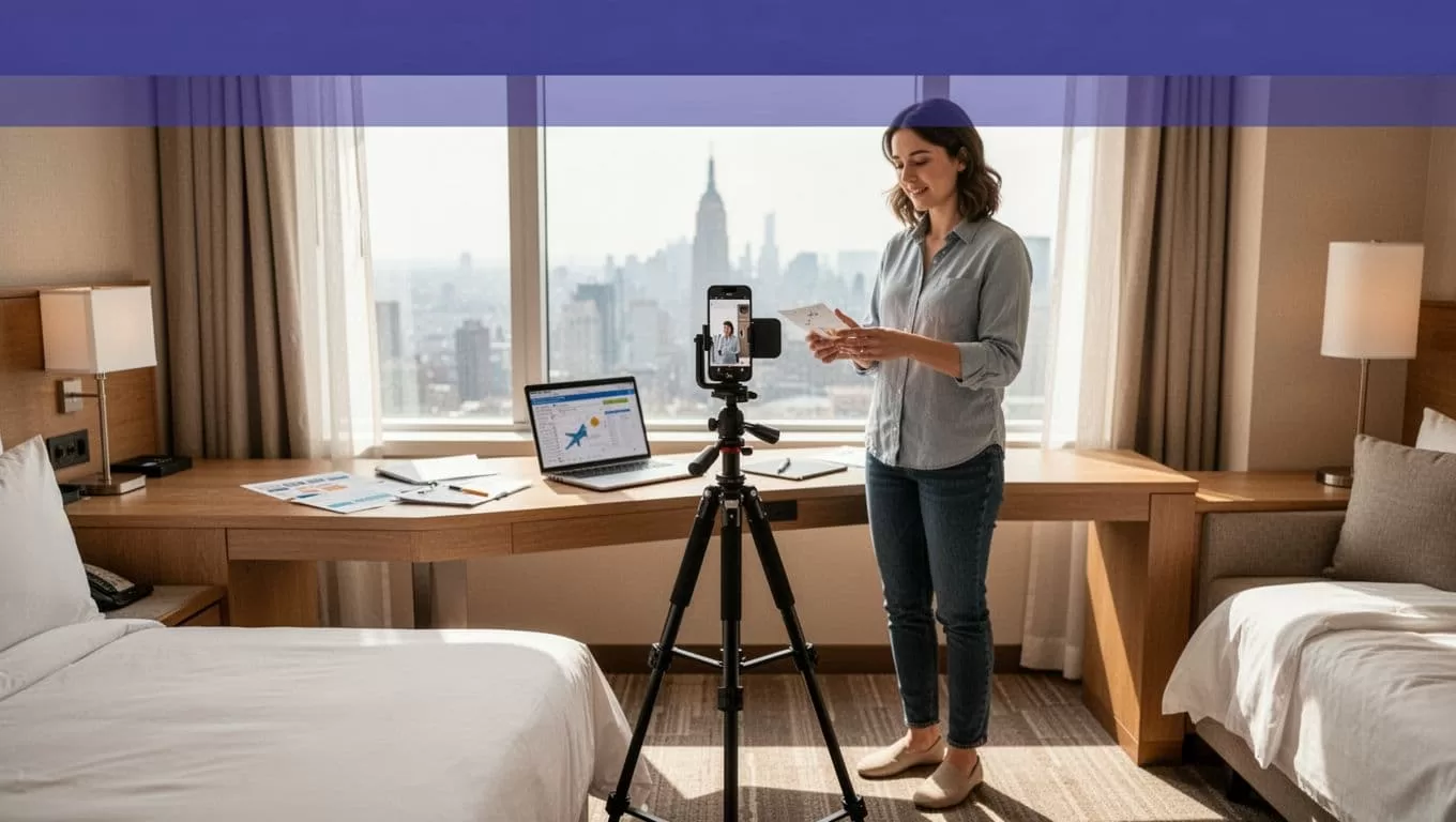 A travel creator films at a hotel workspace with a phone tripod, laptop, and planning notes.