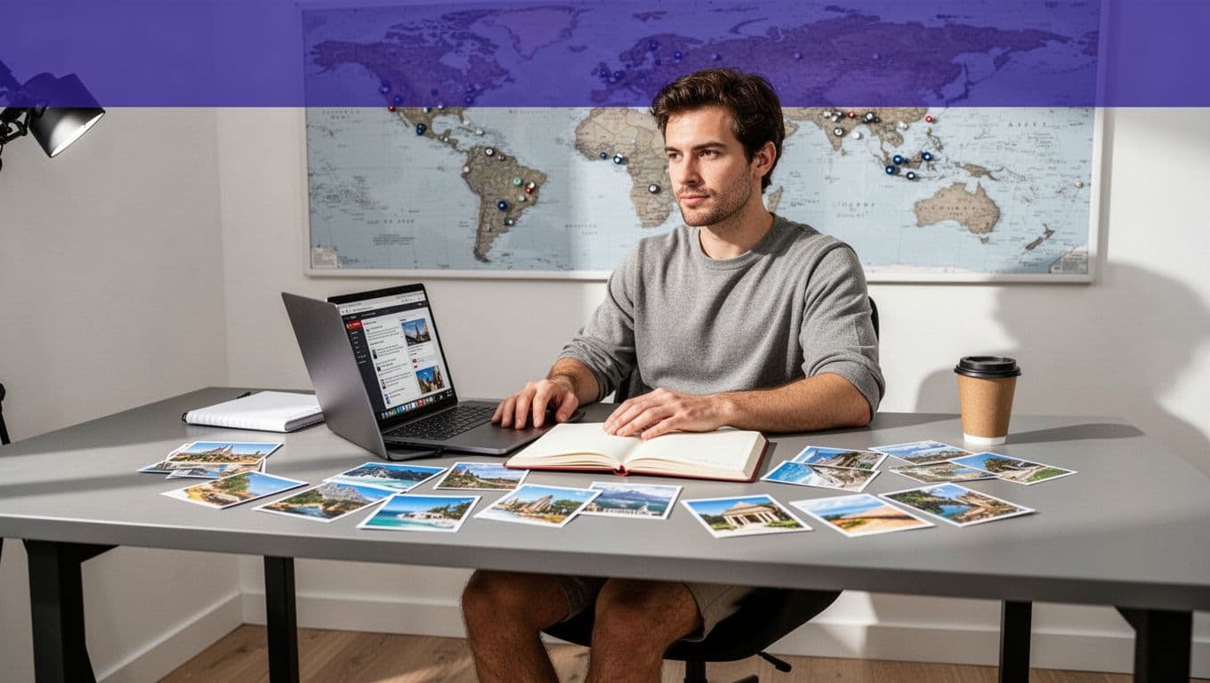 Travel creator planning content at a desk with a laptop, notebook, cards, and coffee.
