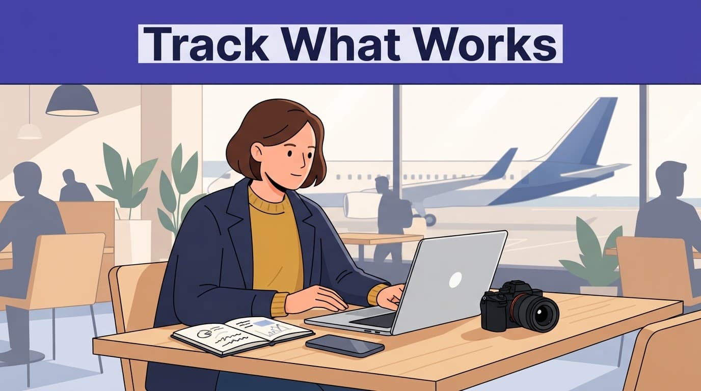 A travel creator studies a chart on a laptop beside travel gear in an airport cafe.
