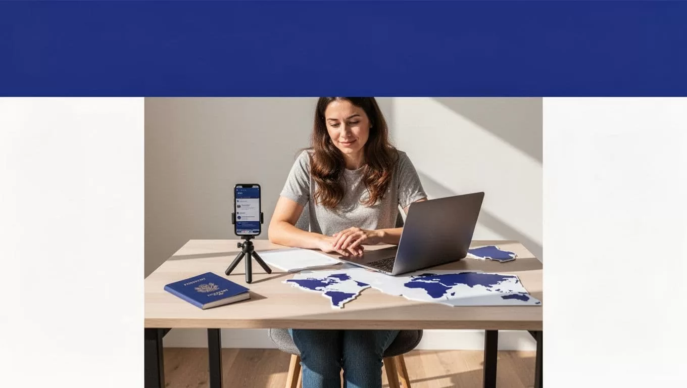 Travel creator at a desk with a phone tripod, laptop, notebook, and map shapes.