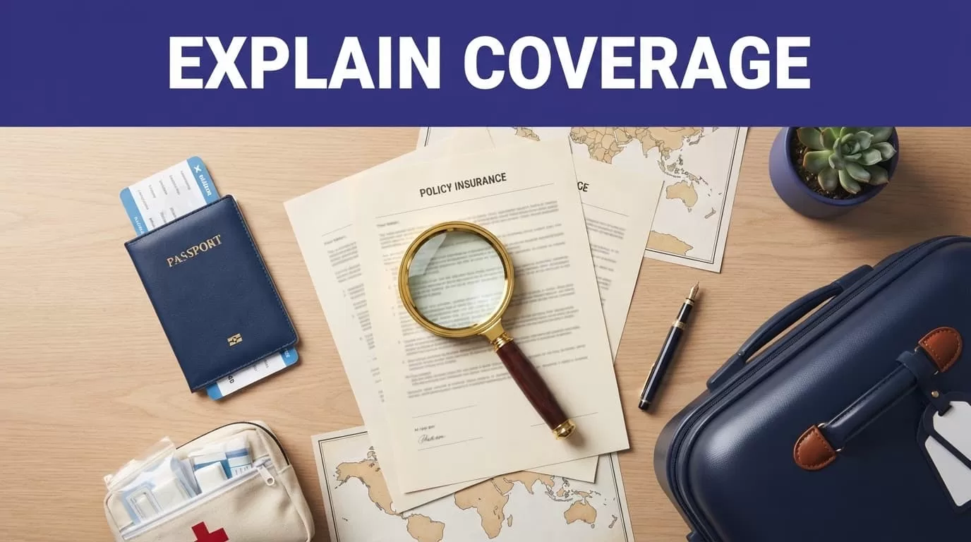Travel documents, a medical kit, suitcase, and magnifying glass arranged on policy papers.
