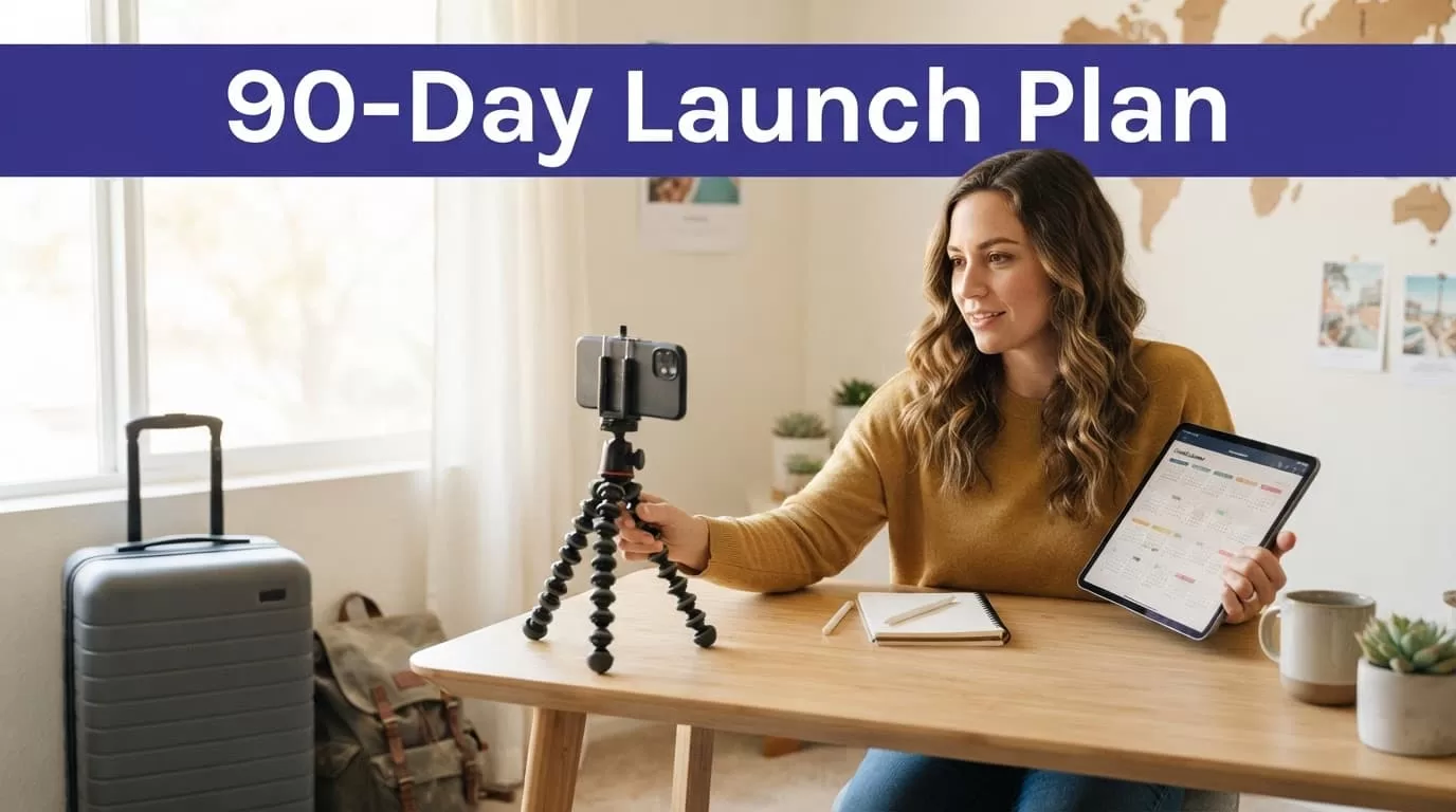 Travel creator checks a tablet beside a tripod and carry-on.