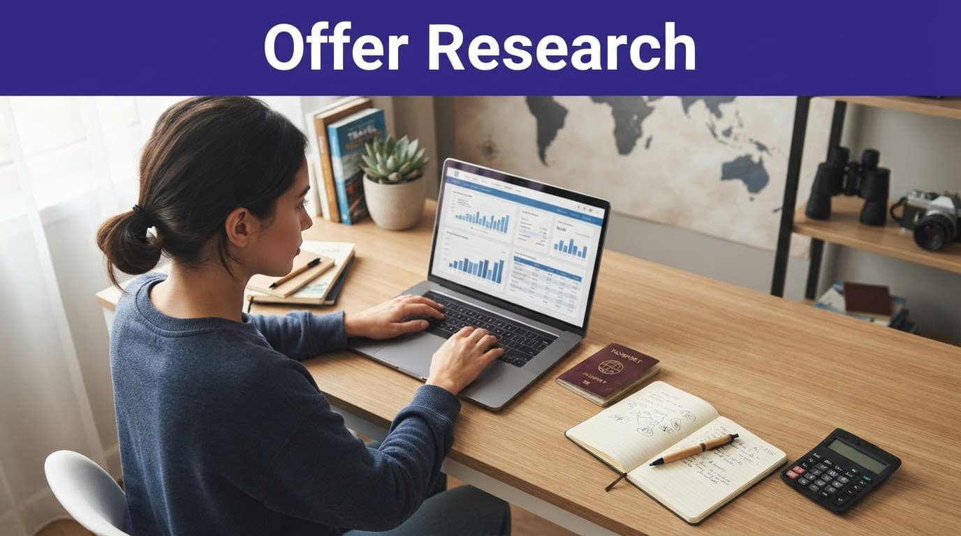 A marketer compares travel offers on a laptop beside a passport, notebook, and calculator.