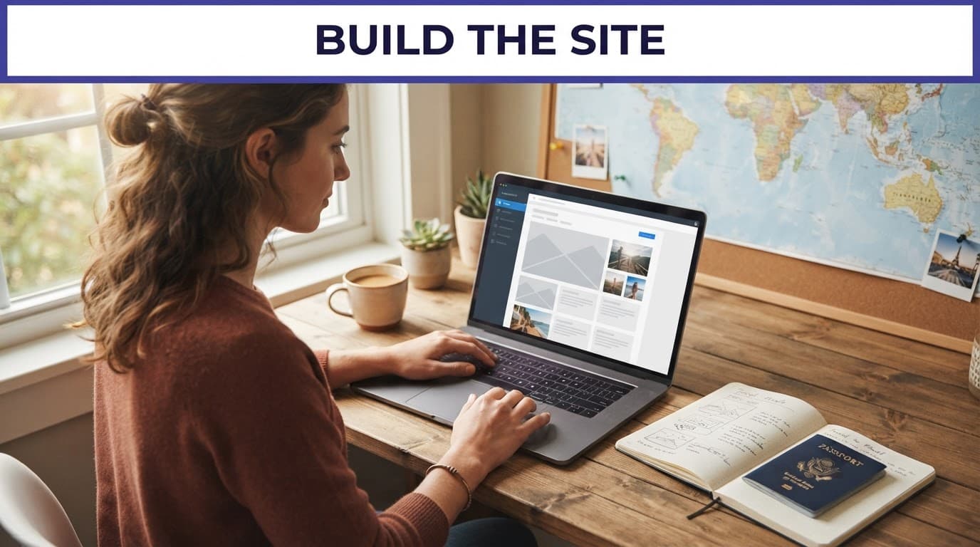 A travel creator builds a website beside a notebook and passport.