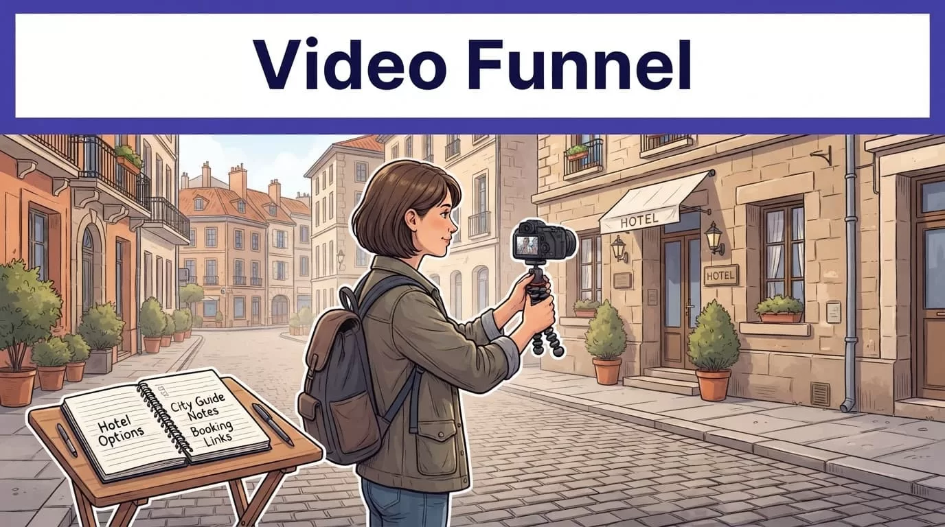 A travel creator films a hotel street beside a camera tripod and booking notebook.