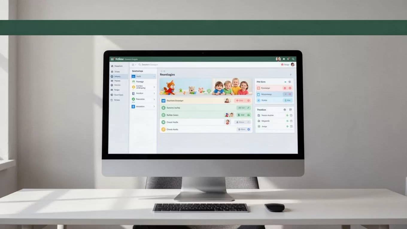 Desktop monitor showing a childcare tuition setup interface beneath a dark-green banner.