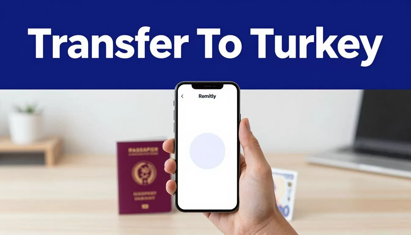 A smartphone, passport, and Turkish lira banknote arranged on a desk.