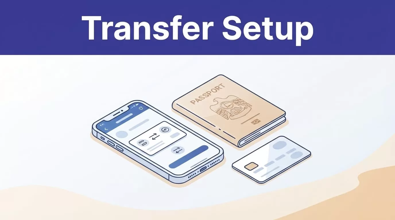 A smartphone beside a passport and bank card for sending money to the UAE.