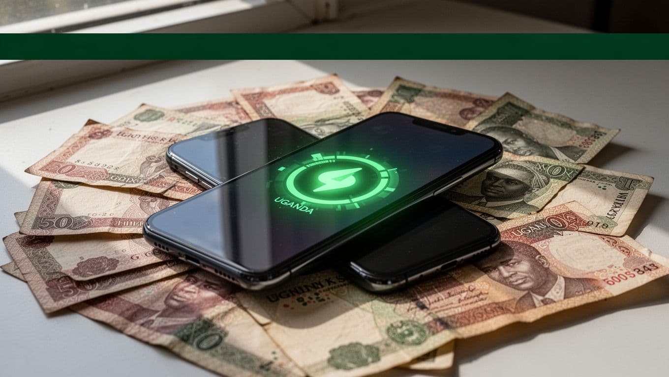 Ugandan shilling notes beside a smartphone showing a payment alert.