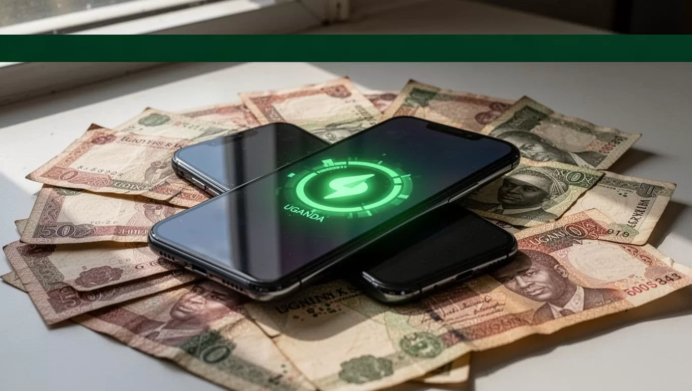 Ugandan shilling notes beside a smartphone showing a payment alert.