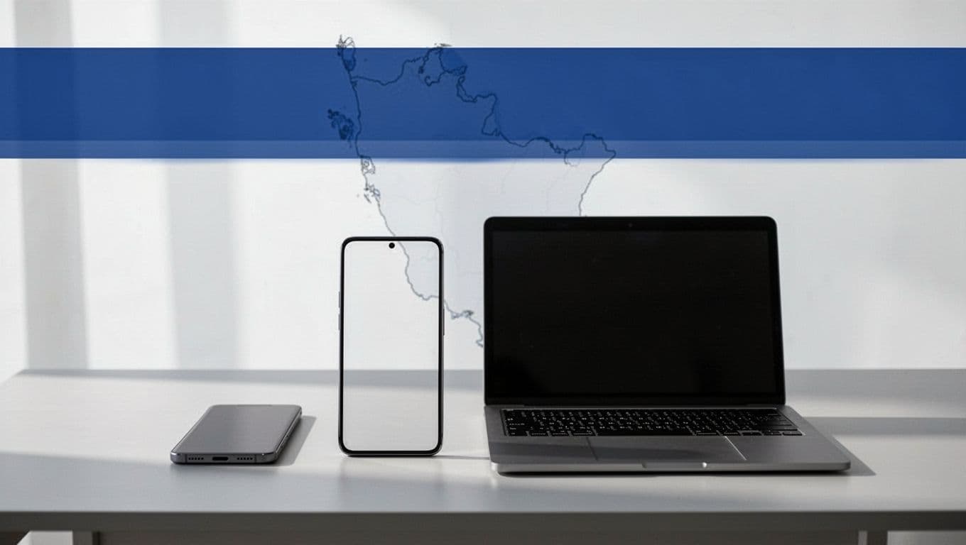 A smartphone and laptop beneath a Cost Check header with a Uruguay map outline.