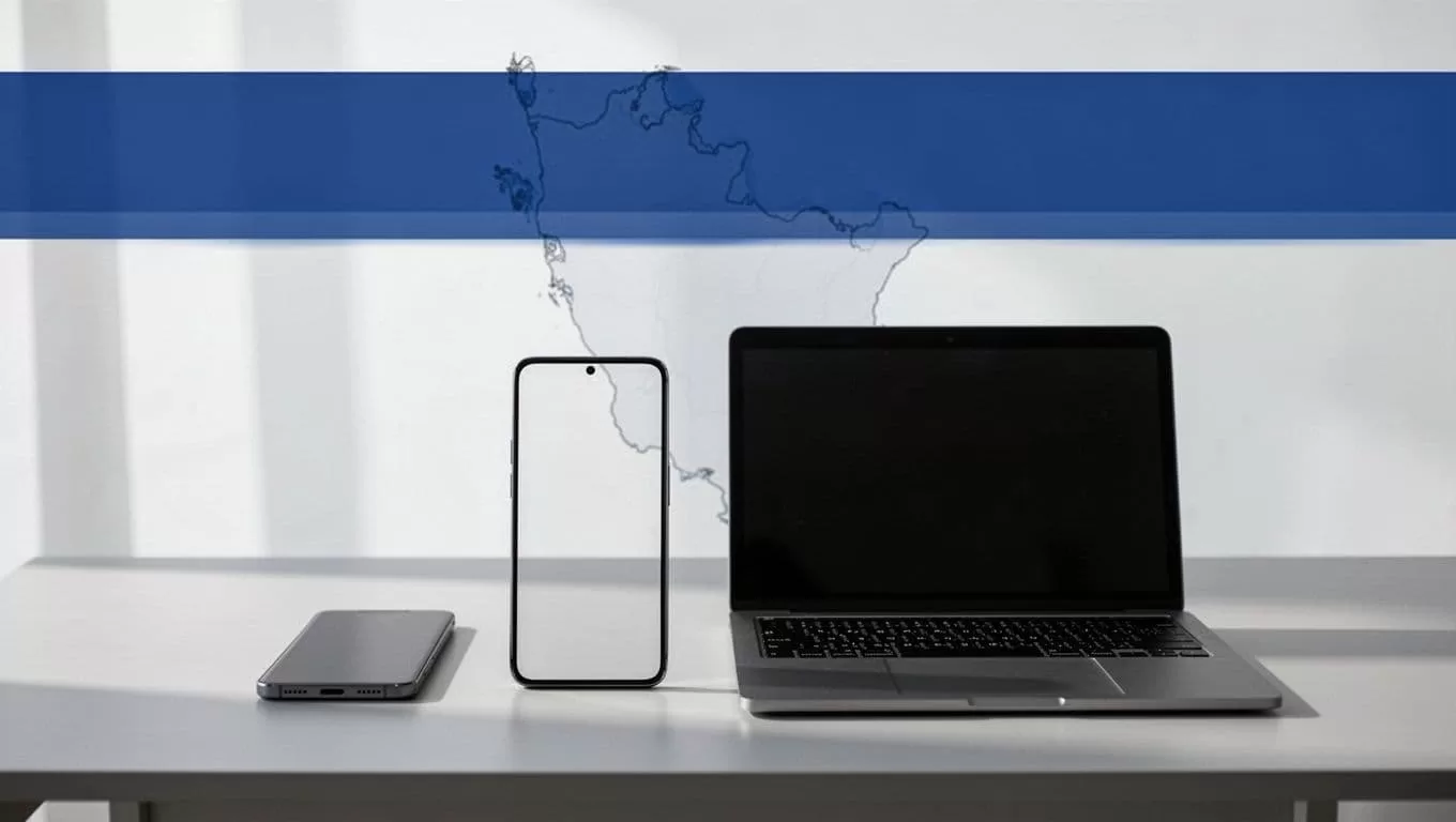 A smartphone and laptop beneath a Cost Check header with a Uruguay map outline.
