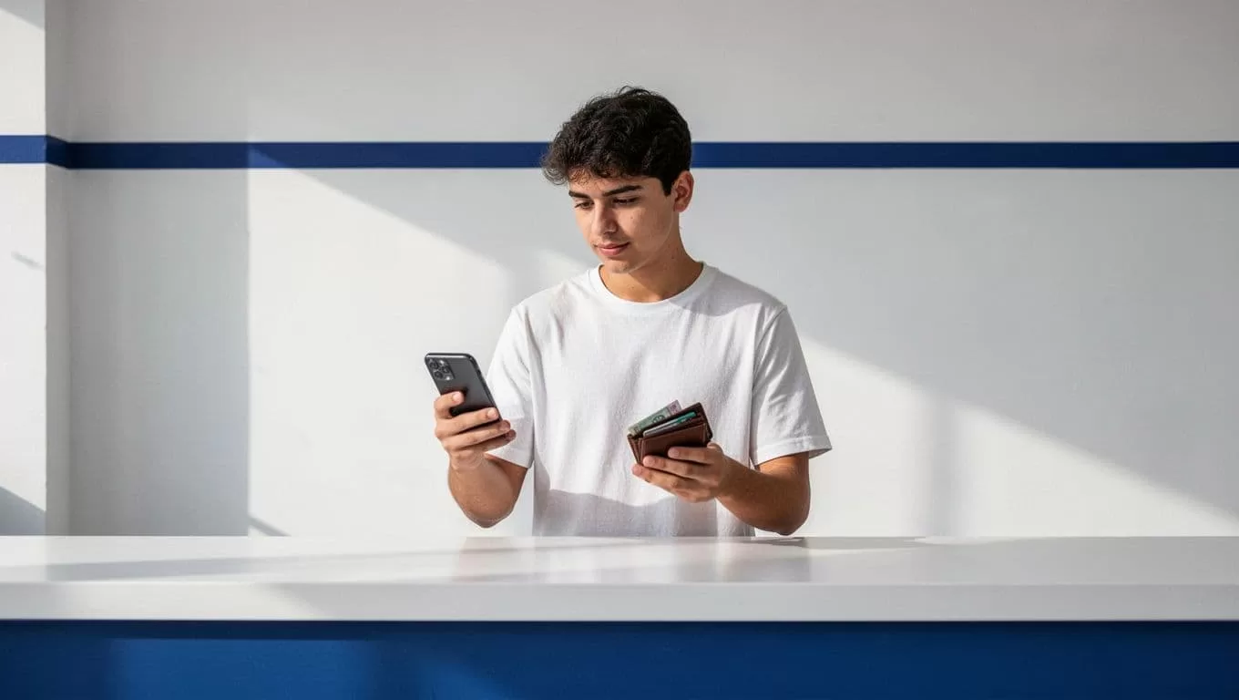 A smartphone and wallet on a payout counter with blue and white accents.