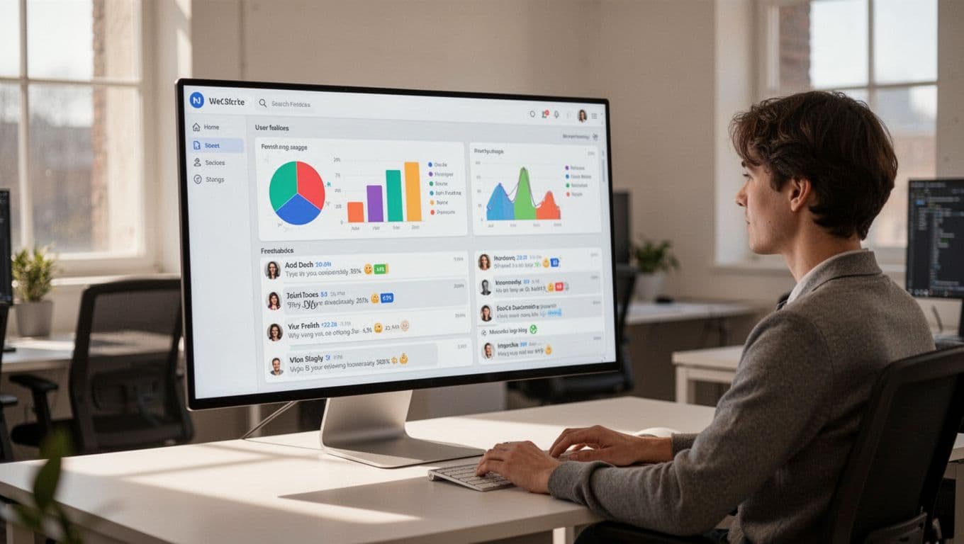 Dashboard showing user feedback charts and rows beneath an indigo headline, with one person working in the background.