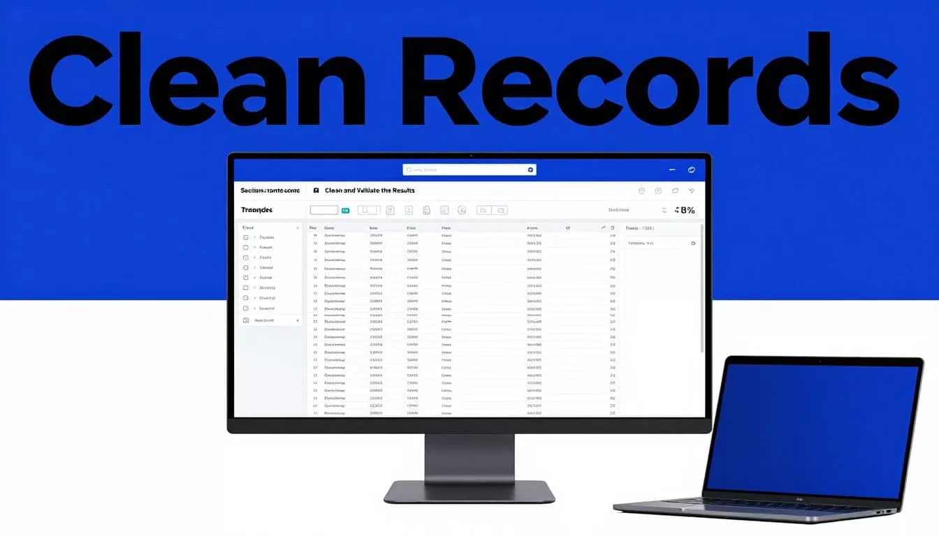 Monitor showing organized auction records with filter shapes and an export icon beside a laptop.