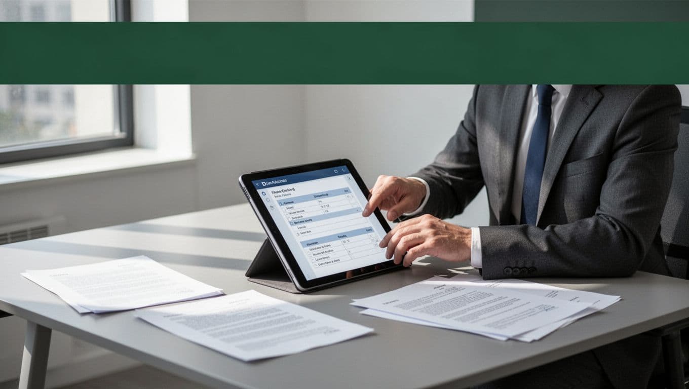 One person reviews digital forms and documents at a desk beneath a green banner.
