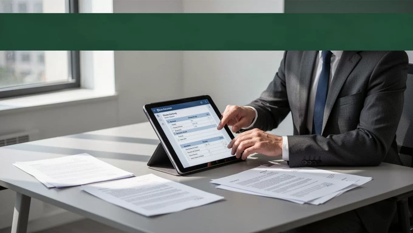 One person reviews digital forms and documents at a desk beneath a green banner.