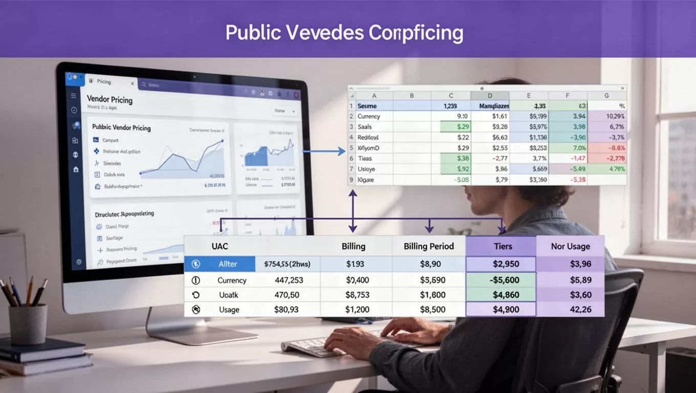 Analyst routes vendor pricing through normalized data blocks into a comparison table.