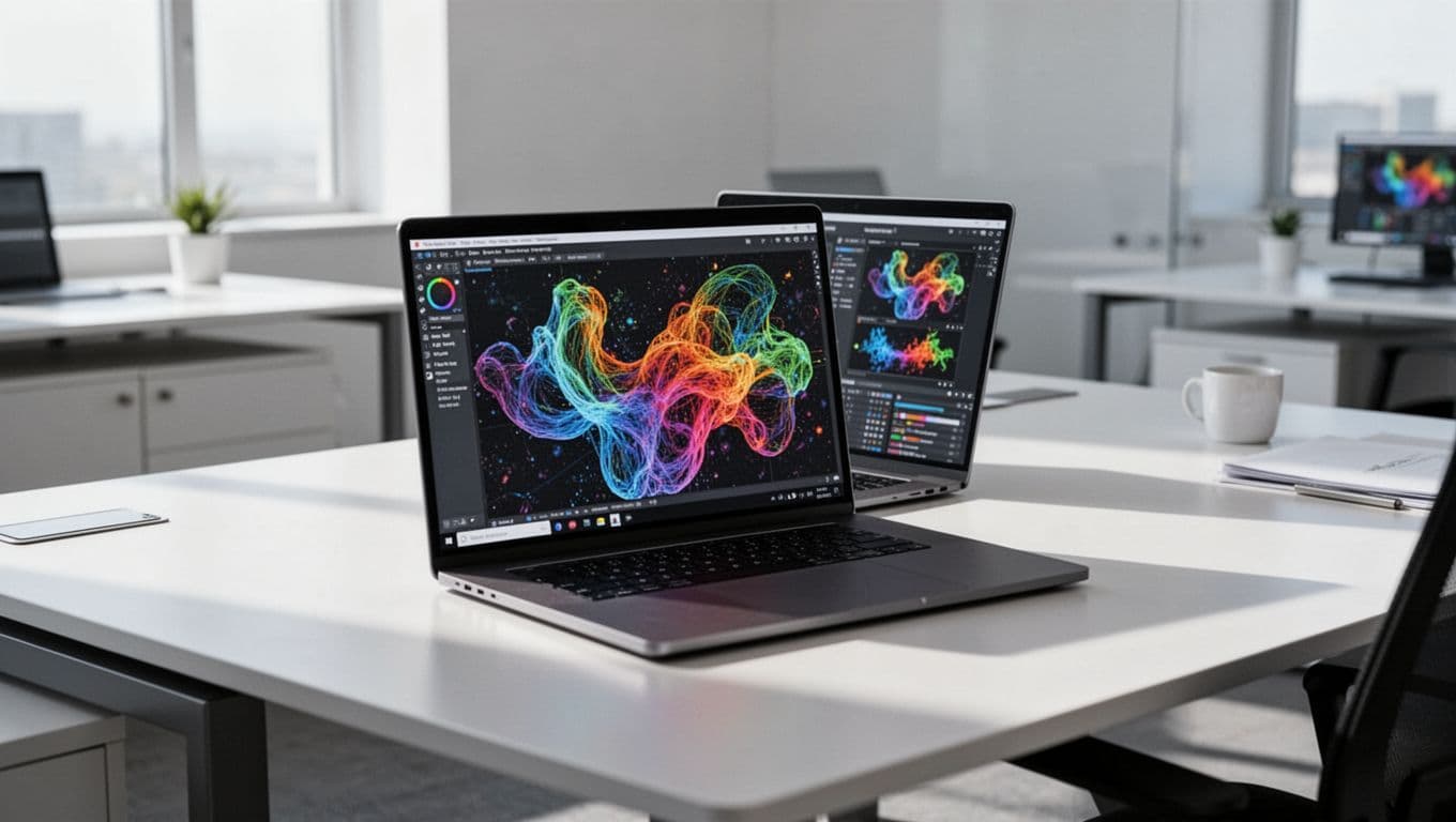 A laptop showing data charts on a clean modern office desk.