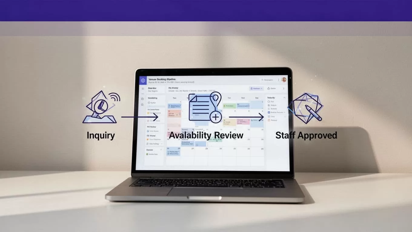 A booking pipeline moves from inquiry to availability review and staff approval.